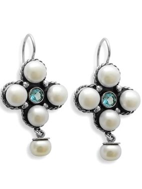 Elegant Pearl and Blue Topaz Cross Drop Earrings - Silver Tone